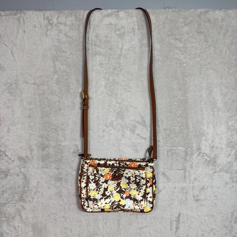 Tory Burch Womens Floral Nylon Crossbody Bag Brown Yellow Blue Boho